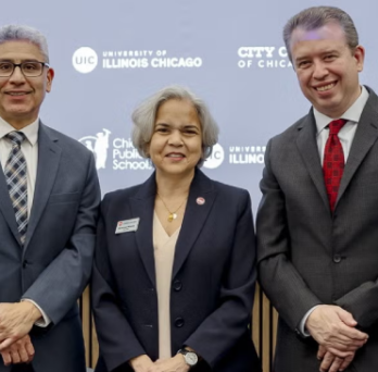 Juan Salgado, chancellor of City Colleges of Chicago, Marie Lynn Miranda, UIC chancellor, and Pedro Martinez, CPS chief executive officer, at the Chicago Roadmap 2.0 launch event in Student Center West. (Photo: Martin Hernandez/UIC) 