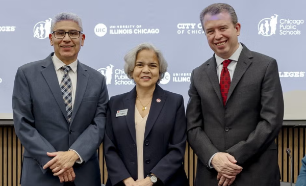 Juan Salgado, chancellor of City Colleges of Chicago, Marie Lynn Miranda, UIC chancellor, and Pedro Martinez, CPS chief executive officer, at the Chicago Roadmap 2.0 launch event in Student Center West. (Photo: Martin Hernandez/UIC)